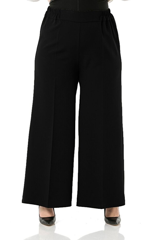 Large Size Mayra Side Pocket Dumbbell Crepe Wide Leg Trousers - Black