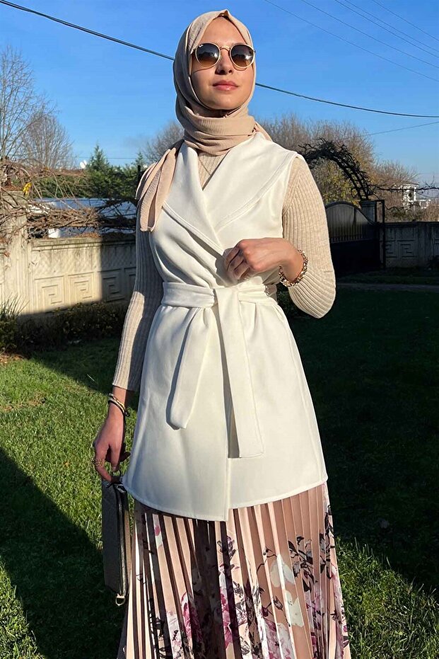 Bej Çiçekli Plise Etek - 6