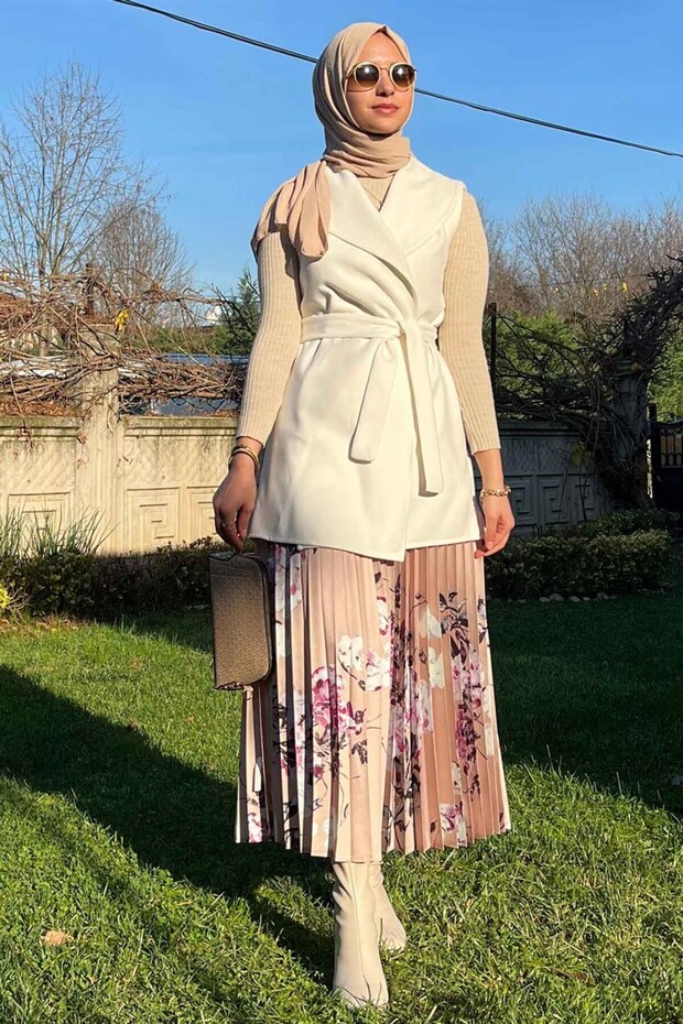 Bej Çiçekli Plise Etek - 2