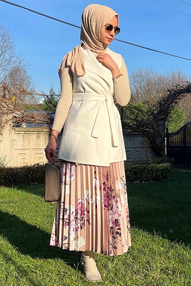 Bej Çiçekli Plise Etek - 1