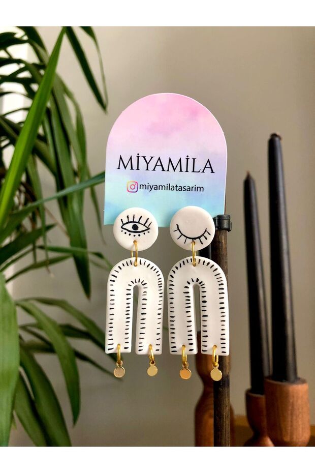 Bohemian Alaçatı Style Black Striped Polymer White Steel Earrings
