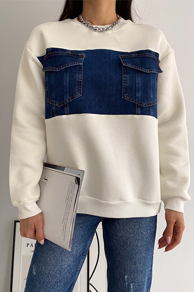 Women's Double Pocket Denim Detailed Padded Cotton Sweatshirt