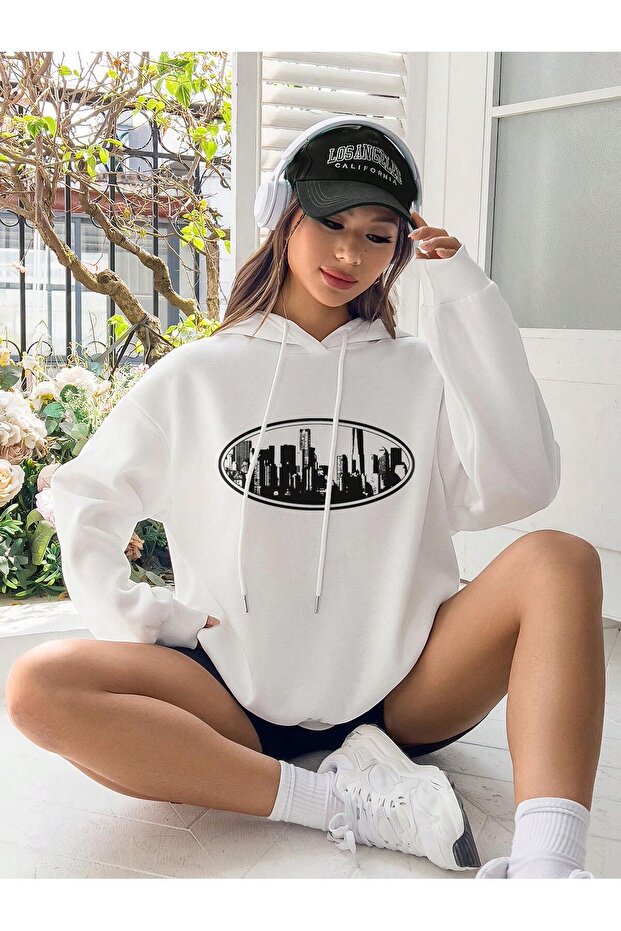 Structure Pattern Drop Shoulder Drawstring Hoodie White - 3