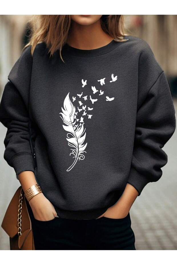 Feather and Bird Patterned Drop Shoulder Sweat Gray - 5