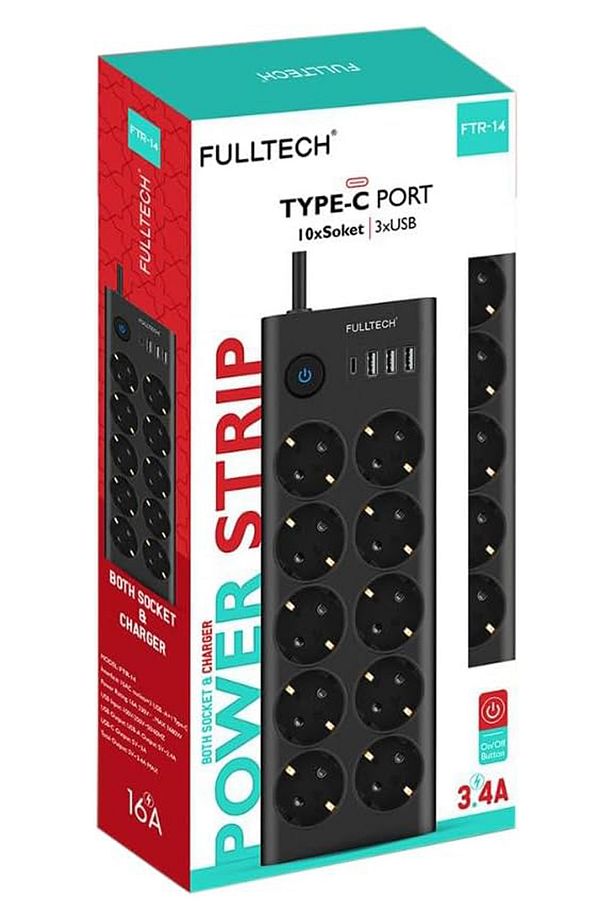 Fulltech FTR14 Type-C Girişli Akım Korumalı 10'lu Priz, 3 USB - 3