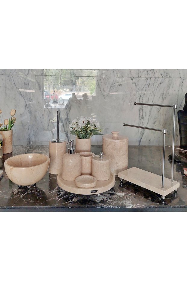 NATURAL BEIGE MARBLE BATHROOM SET - 10 PIECES - SILVER CORAL DETAIL