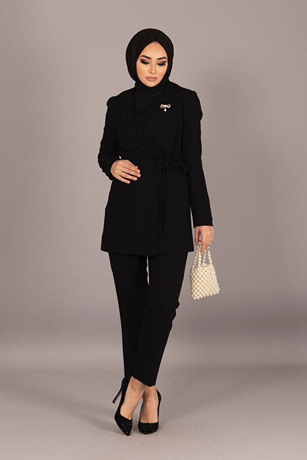 Jacket Side Tie Trousers Set Black