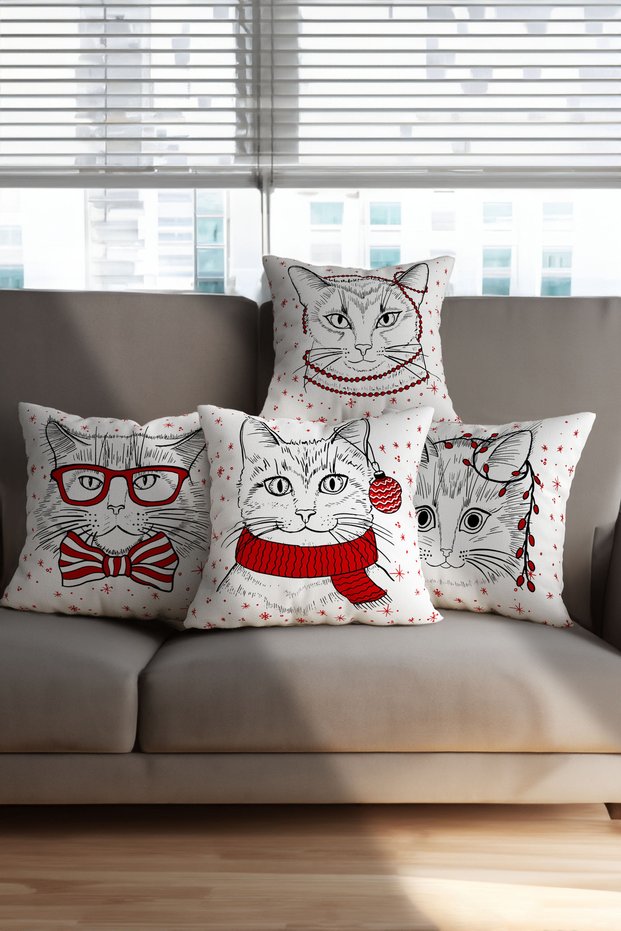 Digital Printed 4-Piece Ornamental Pillow and Throw Pillow Cover Set with Cat Figure Red and White Colors