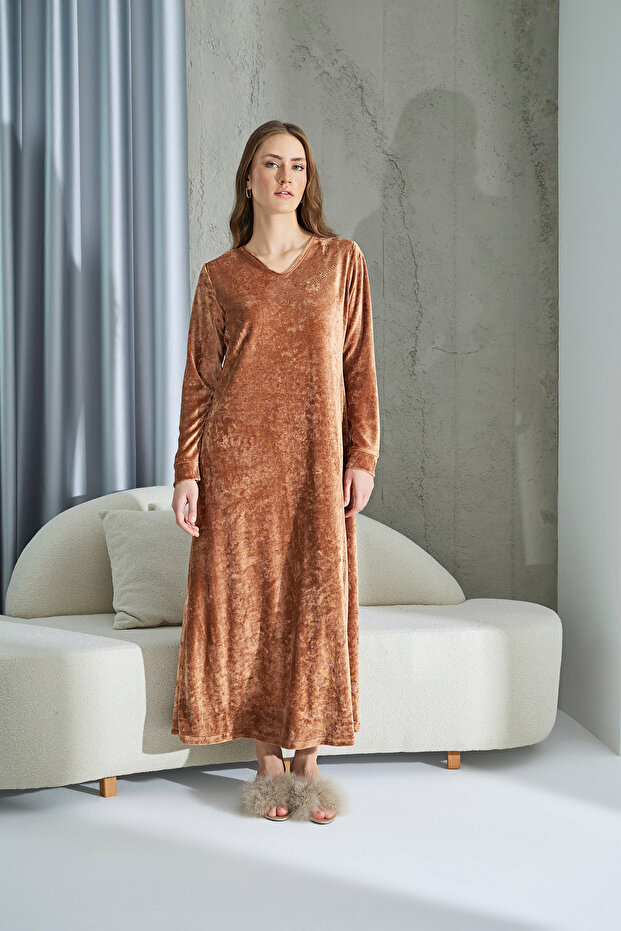 15208 TAŞ BASKILI KADİFE ELBİSE - 4