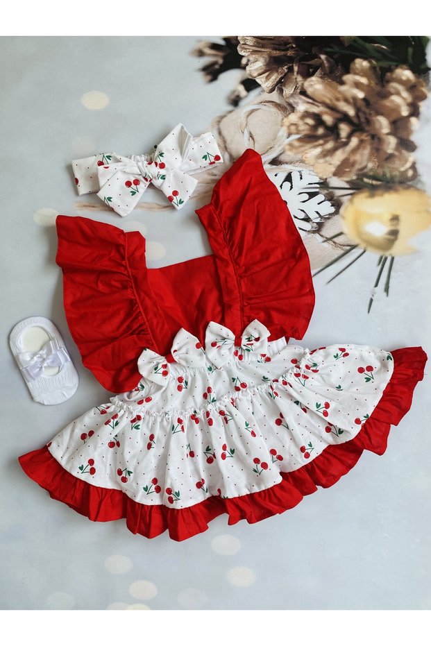 Baby Girl Cherry Patterned Salopette Dress White Ballerina Socks Bandana Set