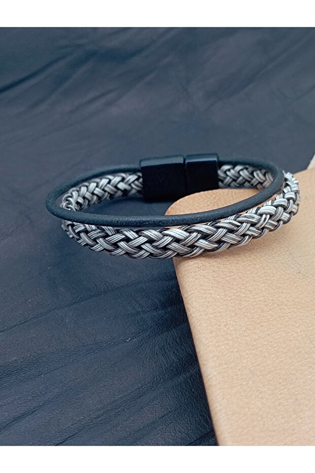Braided Leather Bracelet Gray Black with Magnetic Buckle