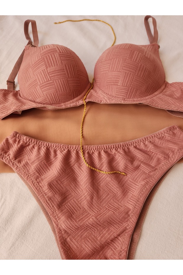 Basic Knit Patterned Light Support Bra Set - 4