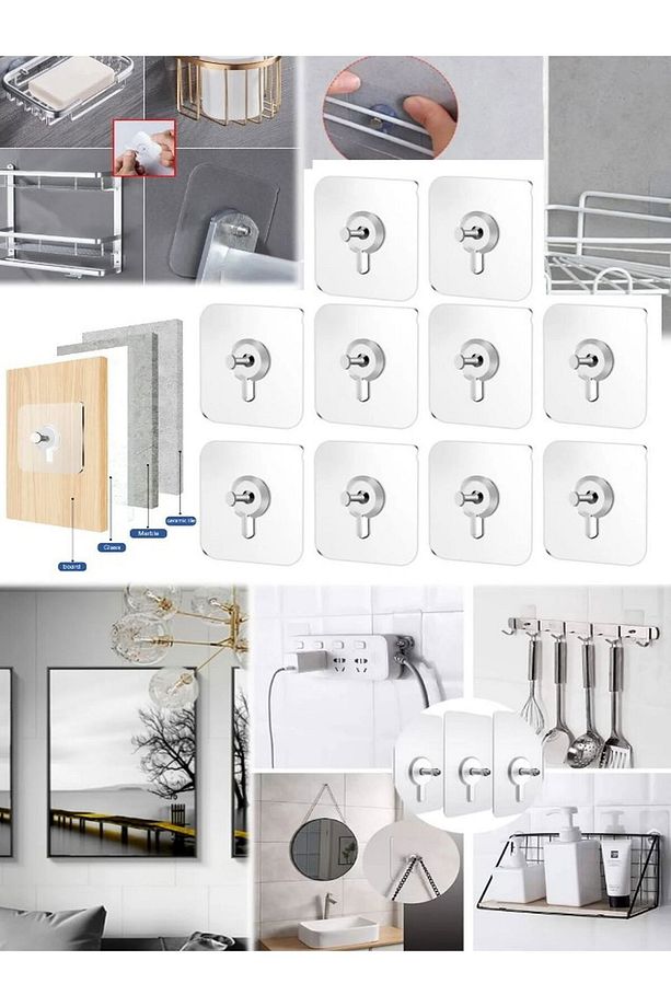 10 Adet Duvar Delmeden Zarar Vermeden Yapışkanlı Askılık - 2