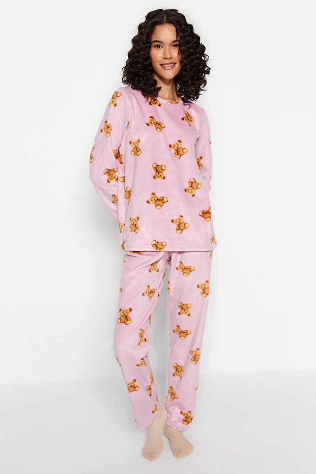 Pembe Polar Ayıcıklı Kışlık Örme Pijama Takımı THMAW24PT00272 - 1