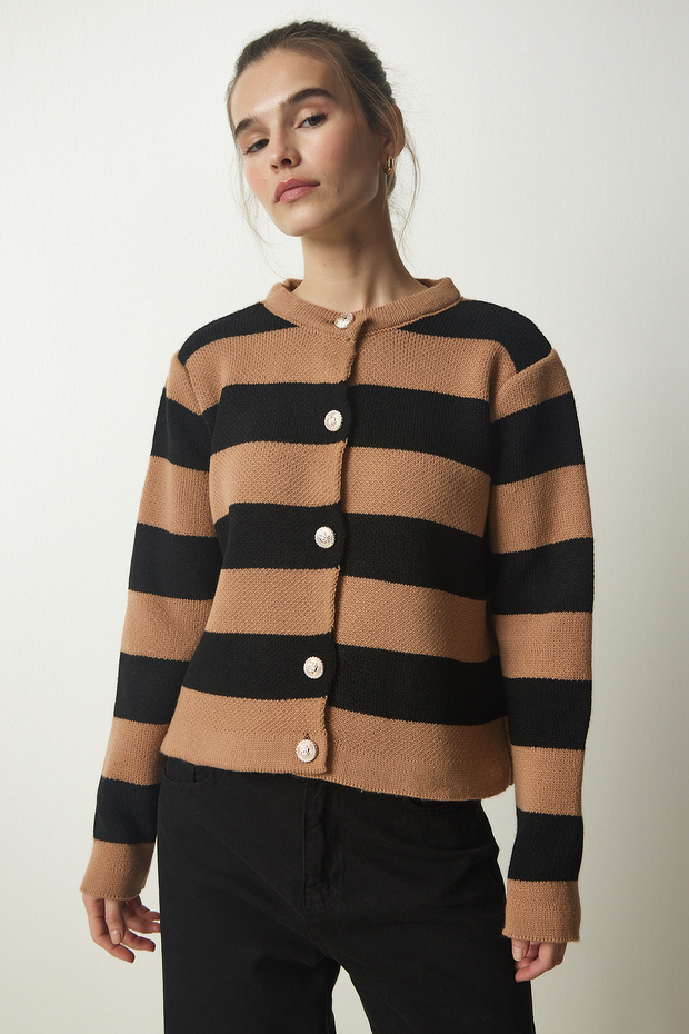 Women's Biscuit Black Stylish Buttoned Striped Knitwear Cardigan NF00078