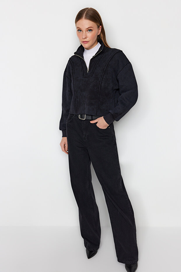 Antrasit Eskitme/Soluk Efektli Rahat Kesim Crop Kalın İçi Polarlı Örme Sweatshirt TWOAW24SW00243 - 2