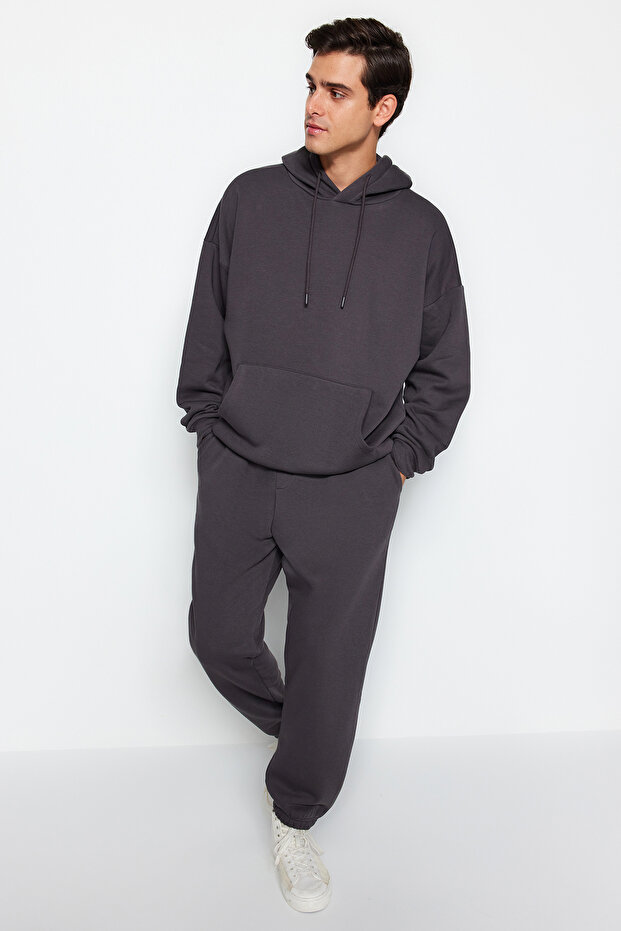 Antrasit Regular Kesim Kapüşonlu Sıcak Tutan Sweatshirt Eşofman Takım TMNAW24EM00002 - 2