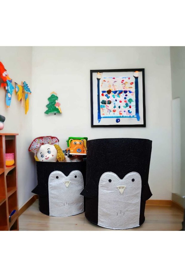 2-Piece Black Penguin Felt Children's Toy Basket, Laundry Basket