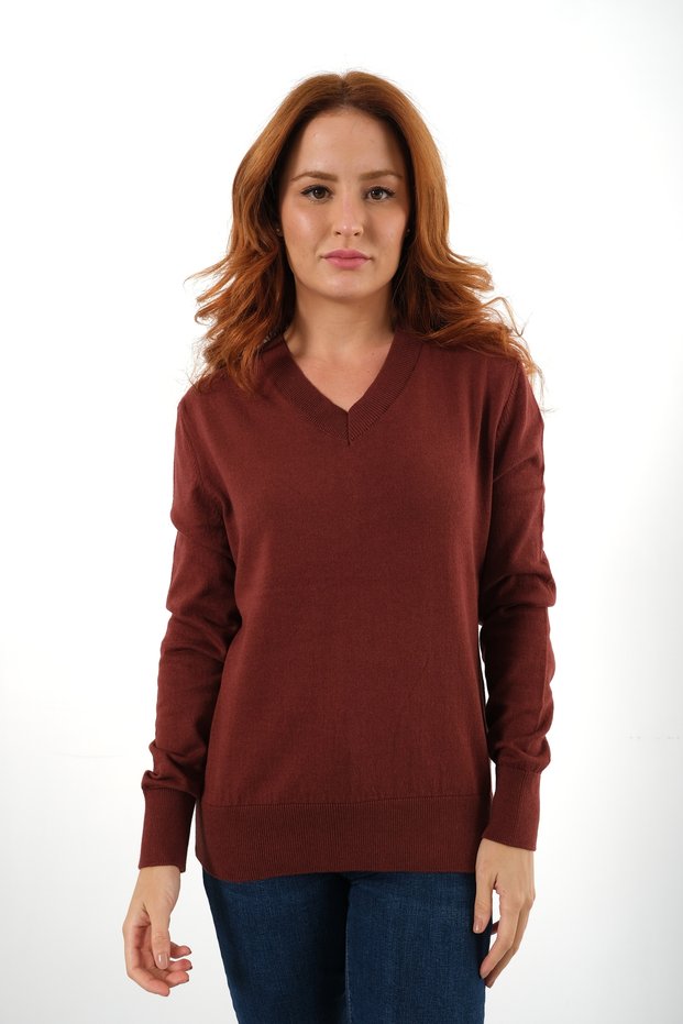Women's Tan 100% Organic Cotton V-Neck Knitwear Sweater Blouse Trıst-6102