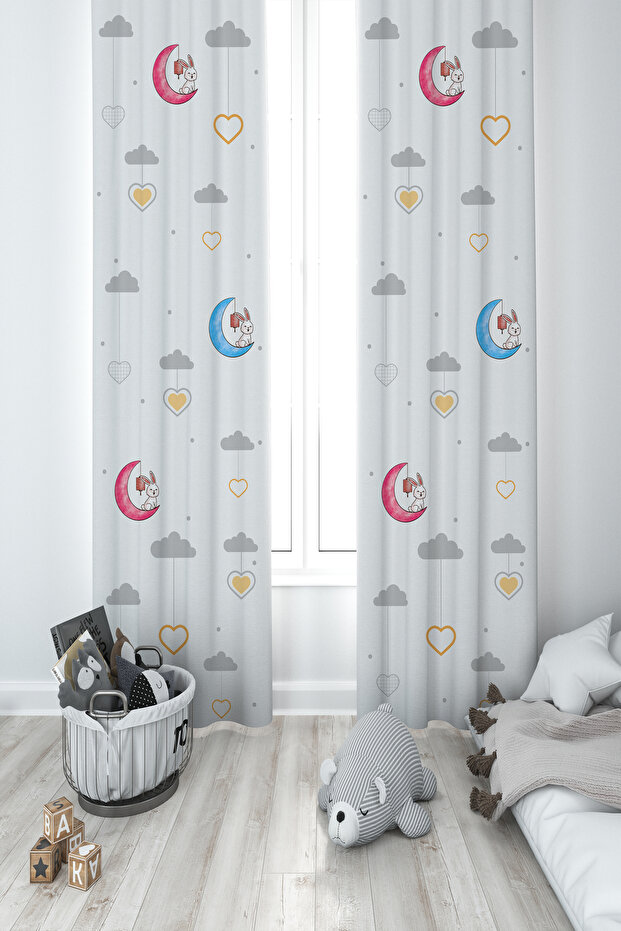 BABY AND KIDS ROOM Colorful Moon and Rabbit Patterned 2 Wing Background Curtain