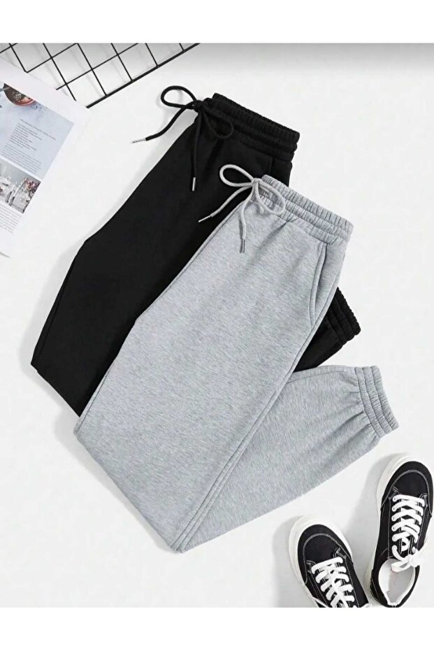 2-Pack Jogger Sweatpants - Black And Gray, Elastic Leg, High Waist,