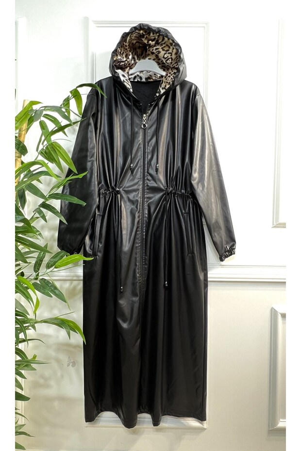 Large Size Lema Waist Gathered Hooded Full Length Leather Trench - Black