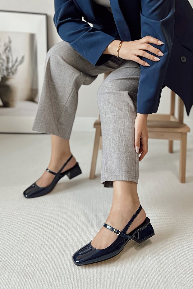 Women's Audrey Navy Blue Patent Leather Open Back Square Toe Helmet Short Block Heeled Shoes