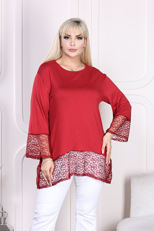 CLARET RED ASYMMETRIC BLOUSE WITH LACE ON SLEEVES AND SKIRT