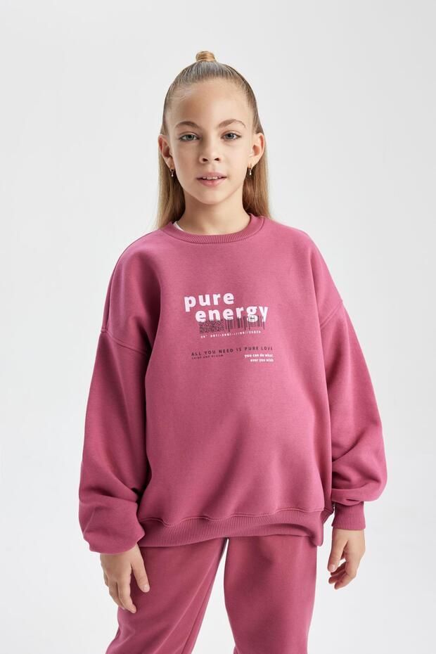 Girl's Oversize Fit Crew Neck Thick Sweatshirt with Soft Fuzzy Inside
