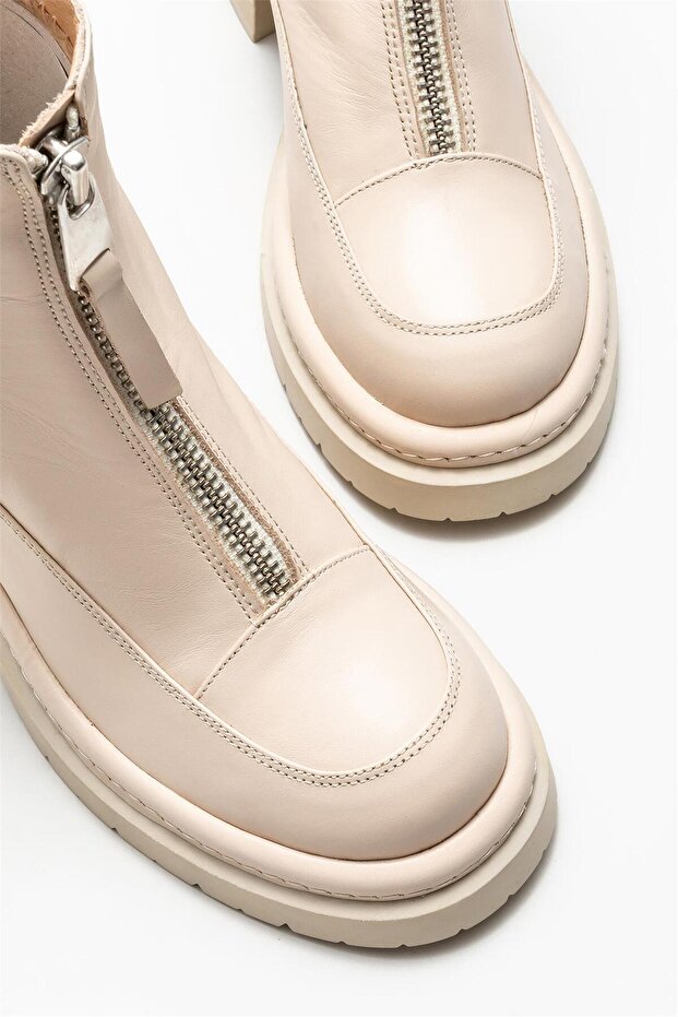 Ekru Deri Kadın Topuklu Bot - 3