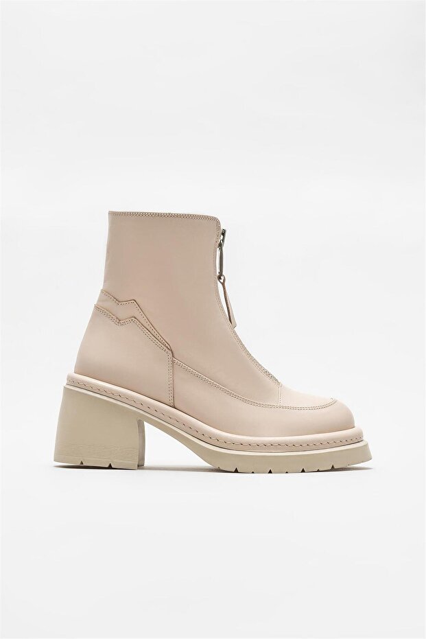 Ekru Deri Kadın Topuklu Bot - 1