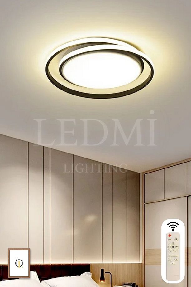 Yuvarlak Tavan Avizesi, 3 Renk Aydınlatmalı, Kumandalı Led Avize,Modern Avize,Spor Avize,Siyah Avize - 3