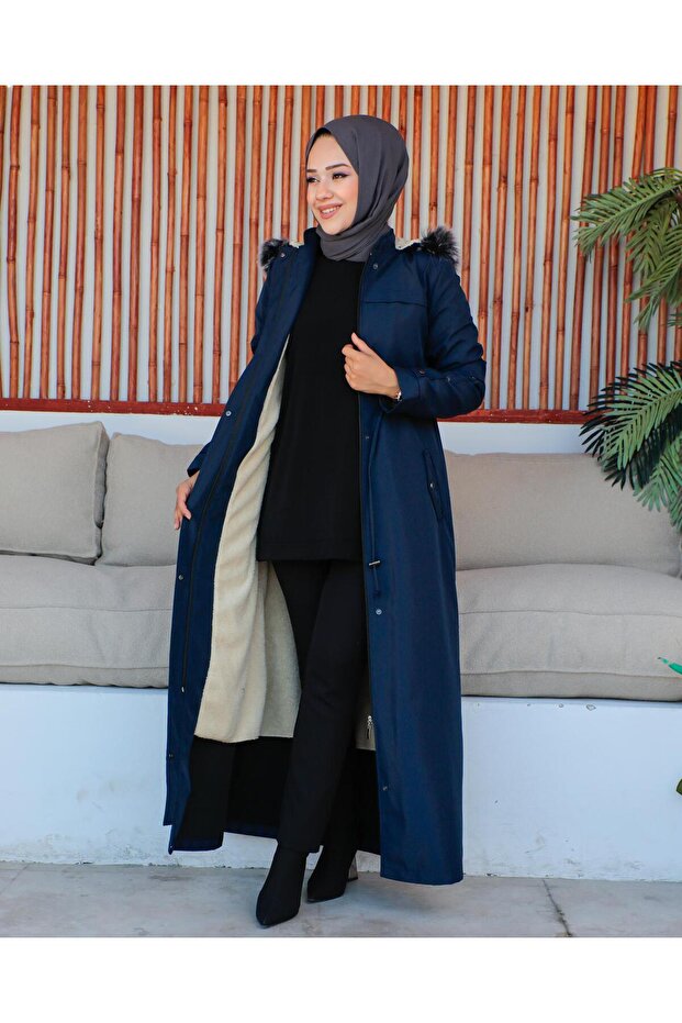 KMKKOMBİN WOMEN'S LONG BONDITE FABRIC DOUBLE POCKET FUR INSIDE HIJAB COAT ÖZALTAY