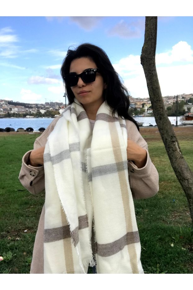Women's Soft Textured Line Patterned Cream Scarf with Tassels