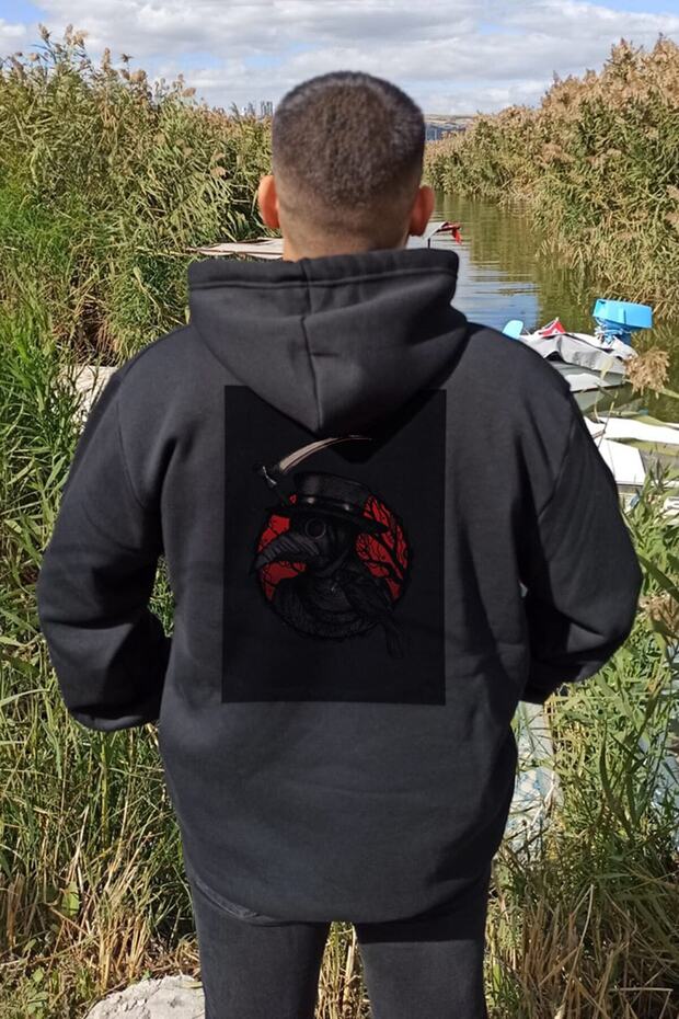 Black Death Design Printed Winter Oversize Hooded Sweatshirt ( Hoodie )
