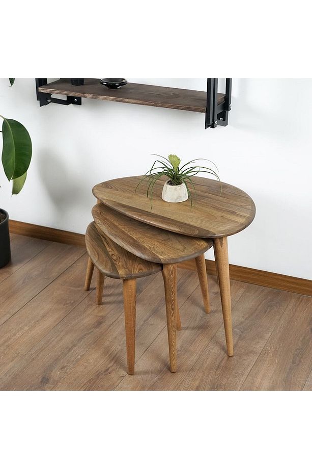 Ercol Style Masif Gerçek Ceviz Ağacı Zigon Orta Sehpa Takımı, Oturma Odası Mobilya, Zigon 3^lü Set - 6