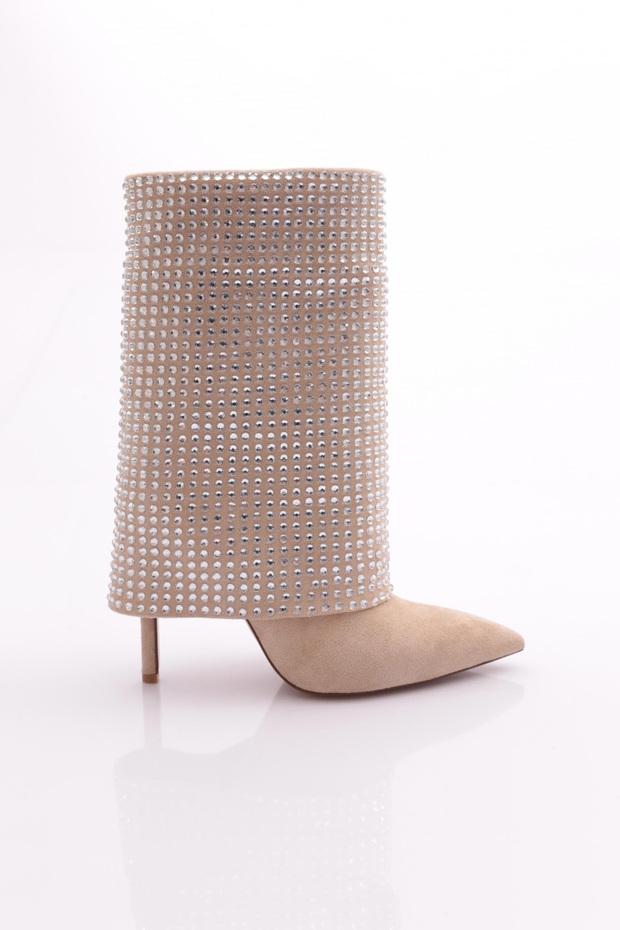 Women's Stone Embroidered Heeled Boots Beige Suede Silver Stone 22383236