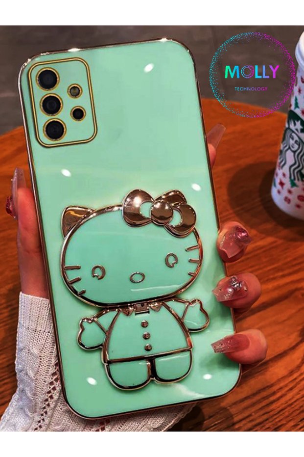 Water Green Hello Kitty Stand Edge Gold Detailed Luxury Silicone Case for Samsung Galaxy A72