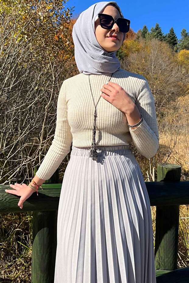 Minel Gri Plise Etek - 3