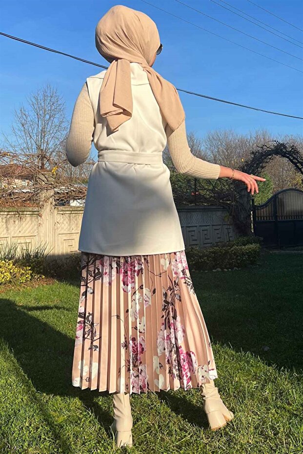 Bej Çiçekli Plise Etek - 4