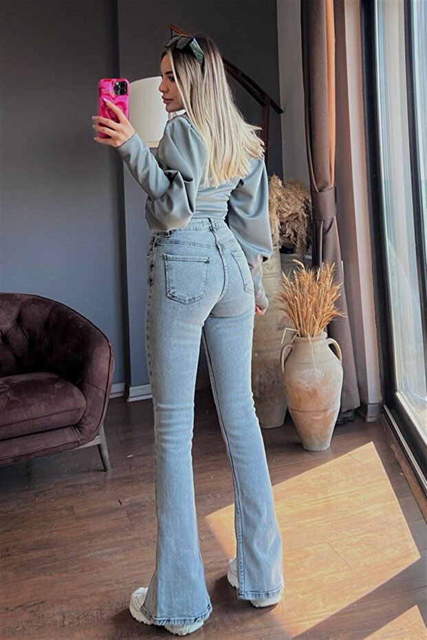 Farmer Snow Wash High Waist Lycra kiszélesedett lábú elöl hasított női farmer nadrág - 2