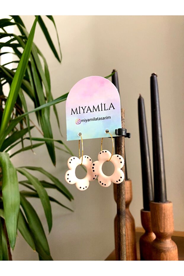 Salmon Color Dotted Flower Gold Hoop Earrings