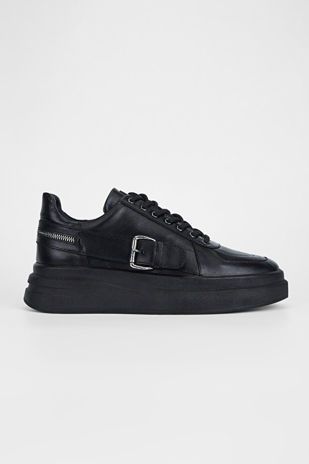 Men's Black Genuine Leather Sneakers & Sports Shoes