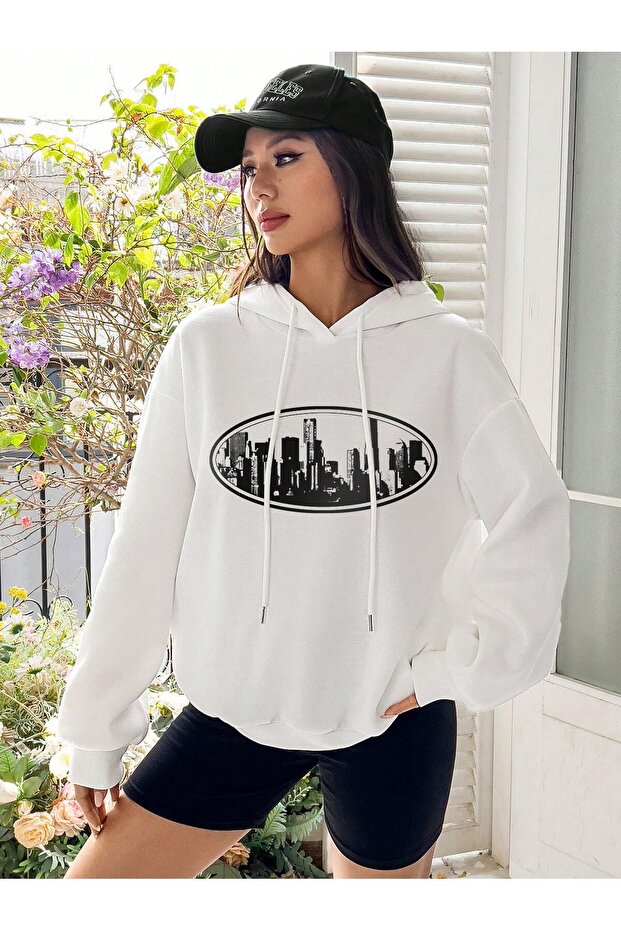 Structure Pattern Drop Shoulder Drawstring Hoodie White - 6