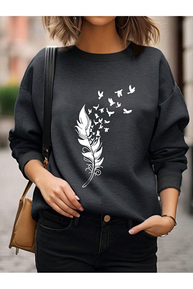 Feather and Bird Patterned Drop Shoulder Sweat Gray - 1