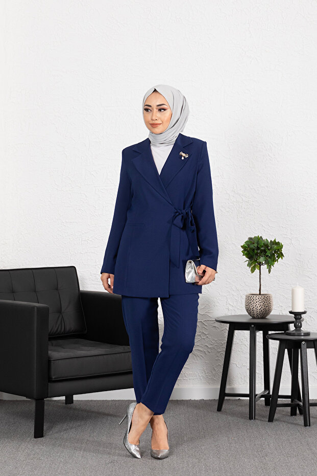 Jacket Side Tie Trousers Set Navy Blue