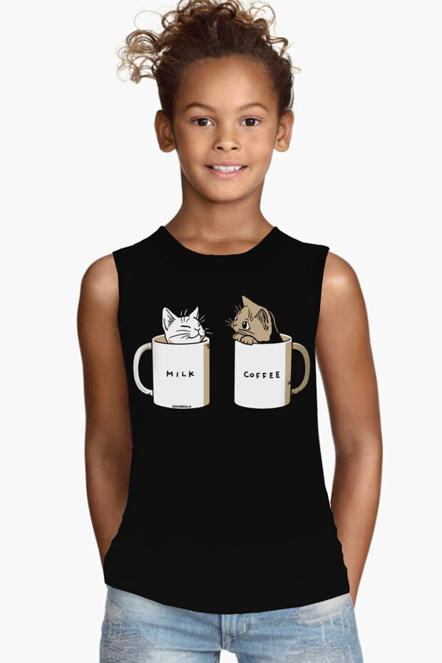 Milky Plain Black Cut-Off Sleeve | Sleeveless Girls' T-shirt