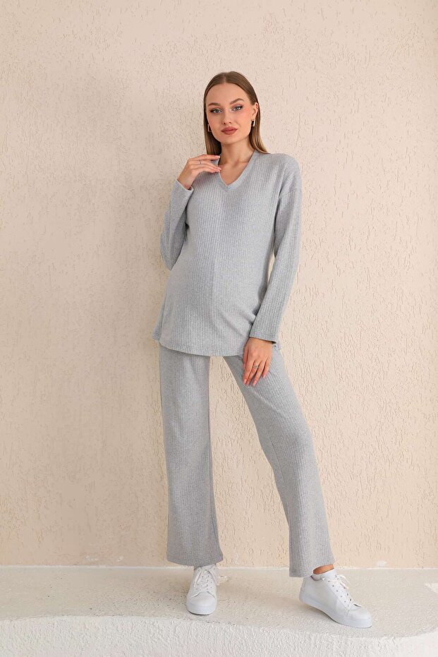 Gray V-neck Soft Fabric Maternity Tracksuit Set