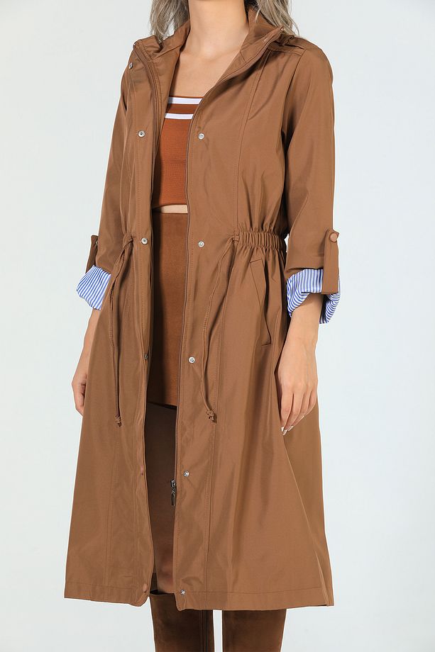 Camel Kadın Bel Bağcıklı Astarlı Uzun Trençkot - 6