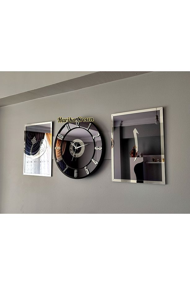 Gümüş Aynalı Model 2 Li Elif-Vav Tablo ve Saat Seti 40,5 Yuvarlak Modern - 4